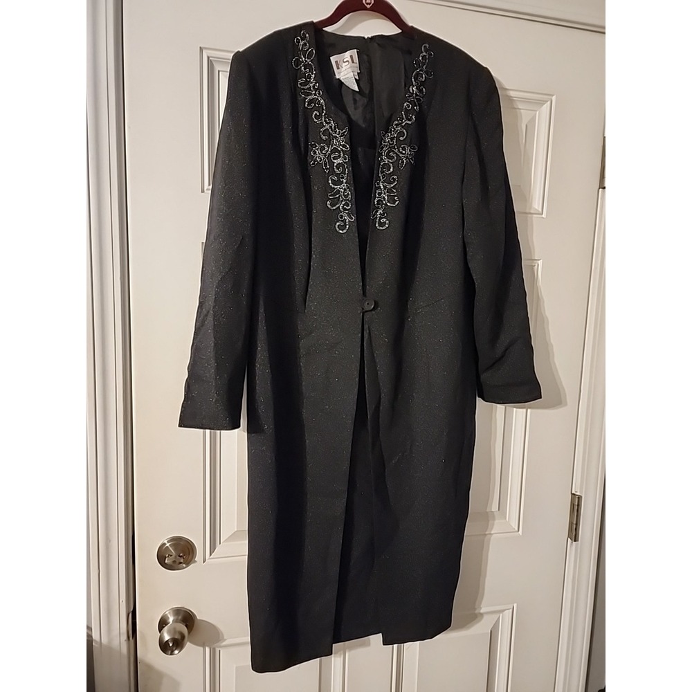 Vintage KSL KARIN STEVENS Maxi Jacket Dress Black Silver Beaded Elegant Sz 16W